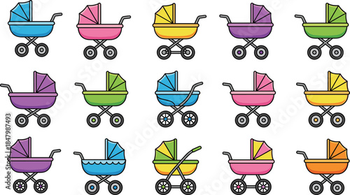Colorful cartoon grid of 20 baby strollers with different canopy colors, wheel styles, and playful design for parenting illustration