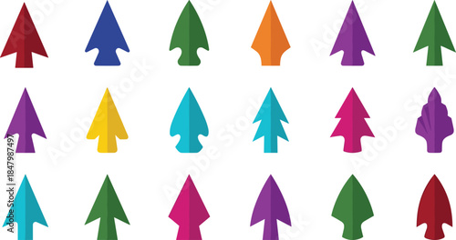 Colorful cartoon grid of 20 arrowhead icons, showcasing diverse shapes, styles, colors, and historical weapon design for illustration