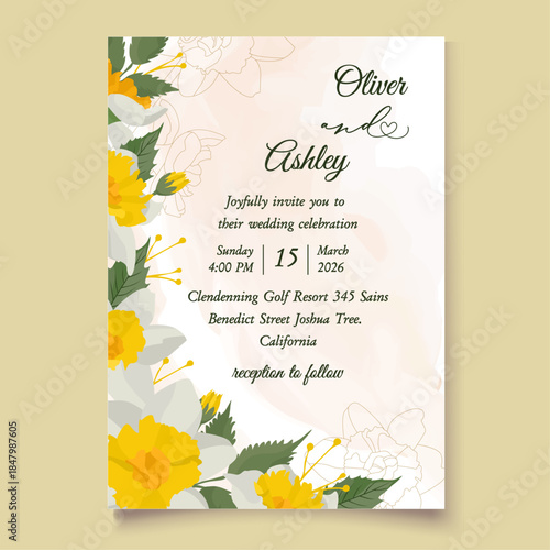 Wedding invitation template with spring elements daffodil flowers and leaves Greeting card