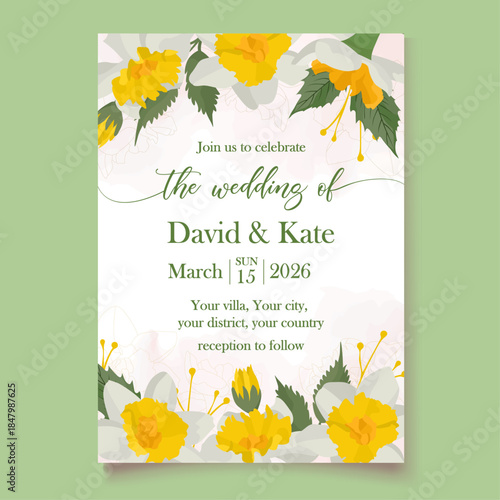 Elegant yellow wedding invitation template with spring delicate daffodil flowers