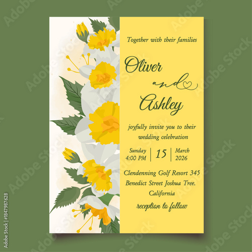 Elegant wedding invitation template with beautiful yellow daffodil flowers and splash background