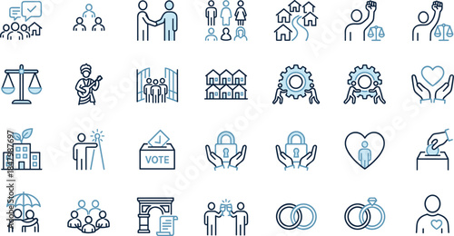 Community icons, civic engagement, social values, human rights, communication, unity, support, justice, collaboration, voting, family, care, neighborhood, health, security, interaction