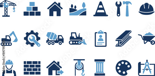 Construction icons, architecture symbols, building tools, engineering graphics, renovation visuals, machinery elements, blueprint illustrations, vector set, blue theme