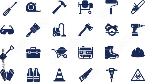 Construction icons, safety equipment vector, industrial tools symbols, building gear graphics, worksite essentials, blue silhouette design, maintenance visuals, protective gear illustration