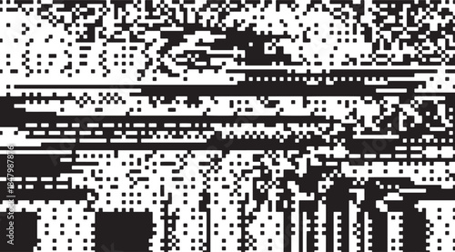 Monochromatic pixelated digital art patterns with geometric shapes creating abstract visual noise