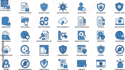 Cyber Security, Data Protection, and Digital Privacy Icons Collection, Including Secure Server, Network, Malware, Encryption, and Firewall Concepts, Vector Illustration Set.