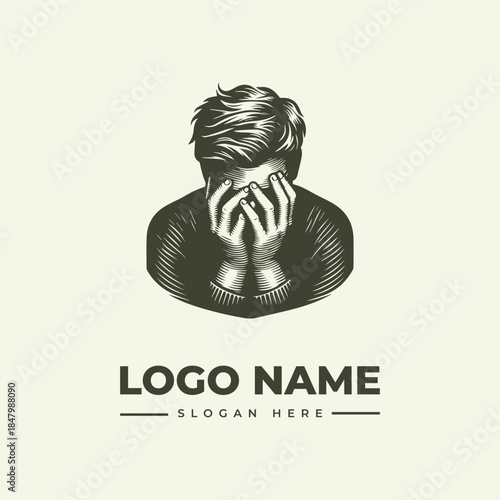 A grayscale illustration of a man with his hands covering his face, surrounded by placeholder text for a logo name and slogan on a plain background.