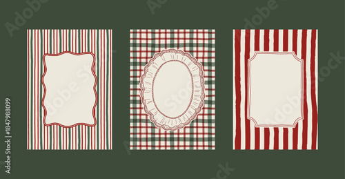Vintage Christmas lace frames collection on tartan charming background. Retro hand drawn cozy winter holiday borders clipart set. Vintage Christmas ornate empty frame template design. Blank old card