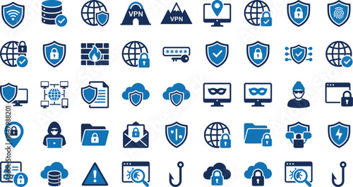 Cybersecurity icons, internet security, data protection, VPN, firewall, secure cloud, phishing, encryption, shield lock, privacy, server, malware, hacker, secure file, digital safety