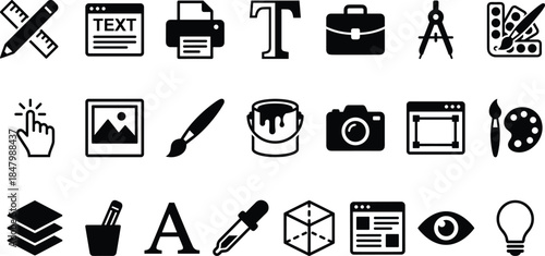 Design icons, graphic tools, creative elements, pencil, paintbrush, palette, typography, layout, layers, eyedropper, camera, idea, webpage, 3D cube, ruler, printer, color selection