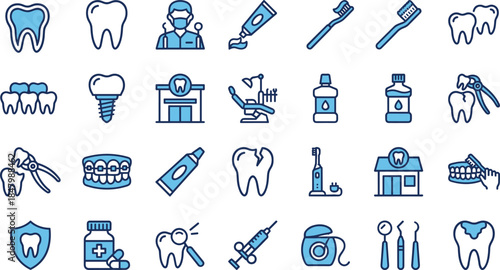 Dental icons, oral care, teeth, toothbrush, toothpaste, dentist, dental tools, hygiene, braces, floss, implant, mouthwash, extraction, protection, clinic, checkup, smile, enamel, gum health