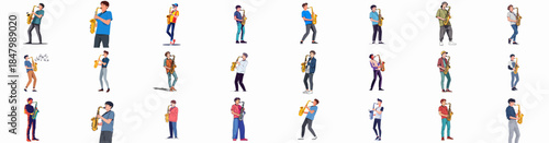 Collection of diverse young men playing the saxophone in casual clothing, vector illustration set of musician characters in various poses.