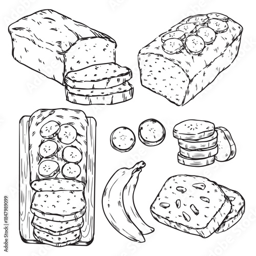 Set of hand drawn banana bread with banana slice outline drawing illustration