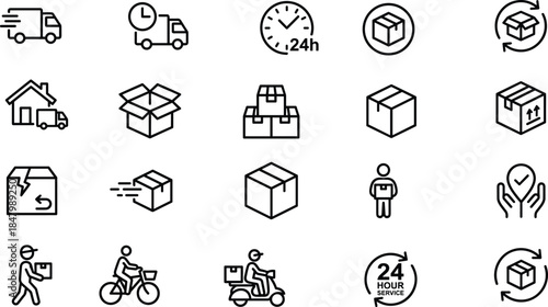 Delivery service icons set, logistics shipping, fast courier boxes, parcel tracking, 24 hour delivery, ecommerce transport outline vector illustration, collection