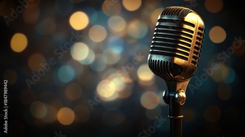 Vintage microphone on stage with bokeh lights