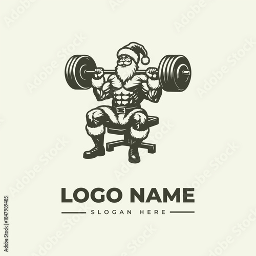 A muscular Santa Claus in a Santa hat lifting a barbell while sitting on an office chair with a vector illustration style and a bold, graphic design on a beige background.