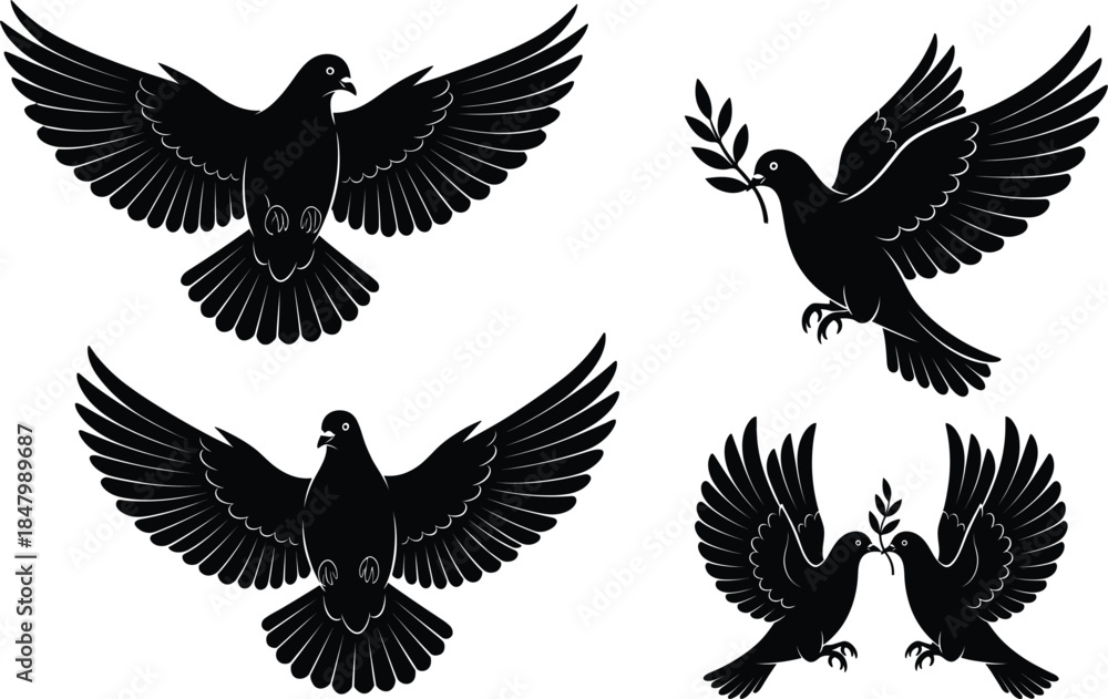 Fototapeta premium Black Dove Silhouettes Vector Set: Symbol of Peace, Freedom, Love, and Hope; Flying Birds with Olive Branches for Spiritual and Decorative Design Concepts.