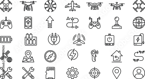 Drone technology icons set, UAV control symbols, aerial photography navigation battery tools outline vector illustration collection for professional aviation design