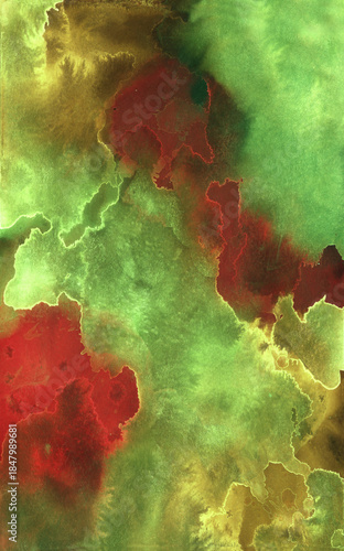 Bright painted red, green and yellow watercolor splash isolated on black background. Hand drawn texture