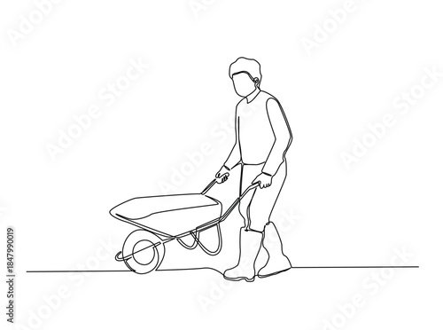 One Line Drawing of farmer walking with wheelbarrow. Minimalist Continuous Line Art of Man pushing wheelbarrow.