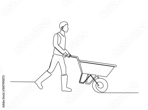 One Line Drawing of farmer walking with wheelbarrow. Minimalist Continuous Line Art of Man pushing wheelbarrow.
