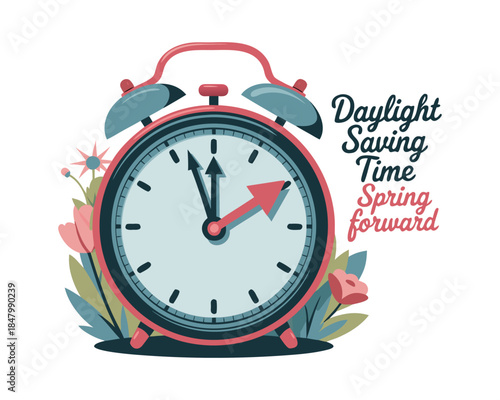 Daylight Saving Time banner. The clocks moves forward one hour. Floral decoration with pink flowers. Spring clock changes concept for web, emailing. Modern flat design, cartoon vector illustration