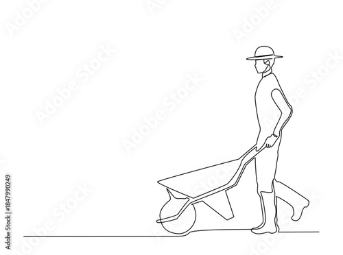 One Line Drawing of farmer walking with wheelbarrow. Minimalist Continuous Line Art of Man pushing wheelbarrow.