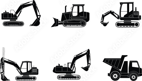 Black silhouette construction vehicles, excavators, bulldozer, dump truck, heavy machinery vector set for building, excavation, earthmoving, industrial equipment, and construction site design projects