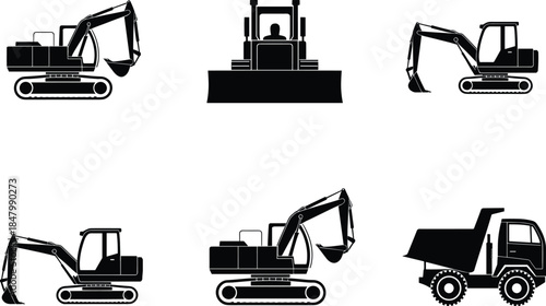 Black silhouette construction vehicles, excavators, bulldozer, dump truck, heavy machinery vector set for building, excavation, earthmoving, industrial equipment, and construction site design projects