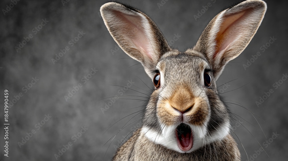 Fototapeta premium A rabbit with its ears up and mouth open. The rabbit is looking at the camera and he is surprised