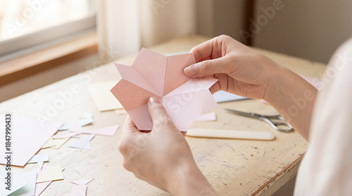 Woman folding paper, crafting a decorative paper flower or card element. Handmade art project for scrapbooking, DIY holiday decor or creative hobby.