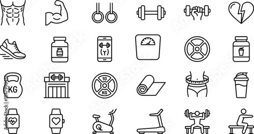 Fitness gym icons set, workout exercise, strength training, healthy lifestyle, bodybuilding equipment, weight loss, sports outline vector illustration, collection, design