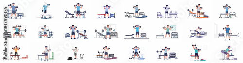 Dumbbell Workout Exercises Collection: Illustrations of Young Men Performing Weightlifting and Strength Training in the Gym.