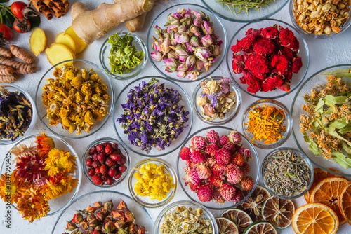 Assortment of dry herbal te...