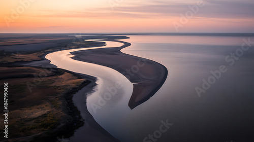 Fototapeta Naklejka Na Ścianę i Meble -  Golden hour bathes the meandering river as it reaches the tranquil sea, captured from a breathtaking aerial view. A moment of serene beauty in nature's embrace.
