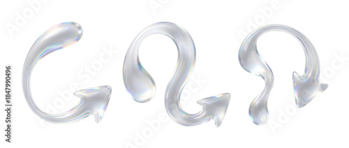 Curved, abstract transformation pointers with an organic, flowing design and a vibrant, glowing silver light, a 3D glassmorphism arrow icon set isolated on white