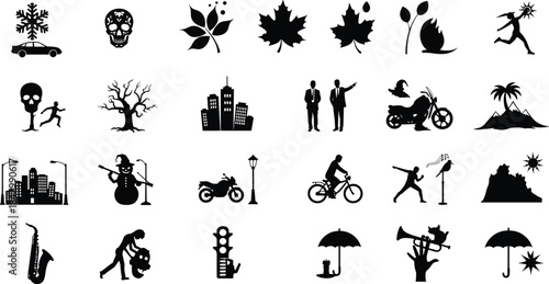 Black silhouette icons collection with snowflake car, skull, leaves, maple, fire, running man, tree, cityscape, businessmen, motorcycle
