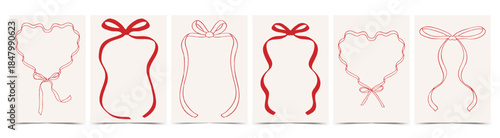 Doodle hand drawn coquette ribbon frames with hearts, wavy lines, and bows. Trendy vintage whimsical borders for Valentine's day, wedding invitations, birthday card, prints, menu. Vector illustration
