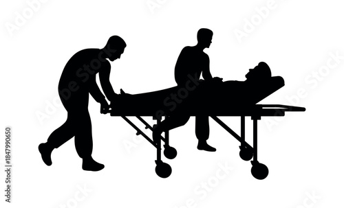 Medical staff pushing patient on hospital stretcher silhouette