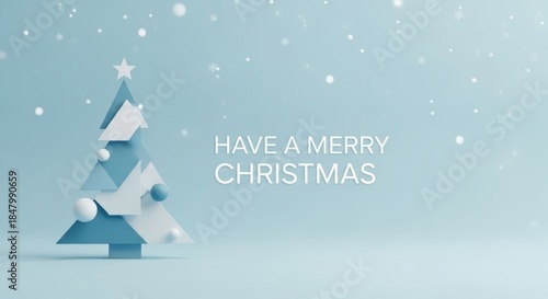 A blue and white Christmas tree with snowflakes on a light blue background.