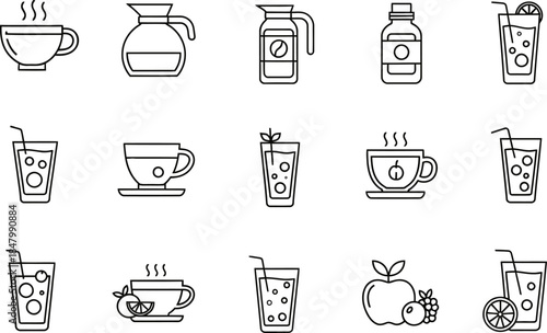 Drink And Juice linear icon set, linear icon collection, fruit drink line icon, Juice icon set in linear style, alcohol vector icon set, vector illustration