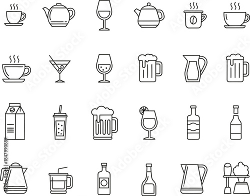 Drink And Juice linear icon set, linear icon collection, fruit drink line icon, Juice icon set in linear style, alcohol vector icon set, vector illustration