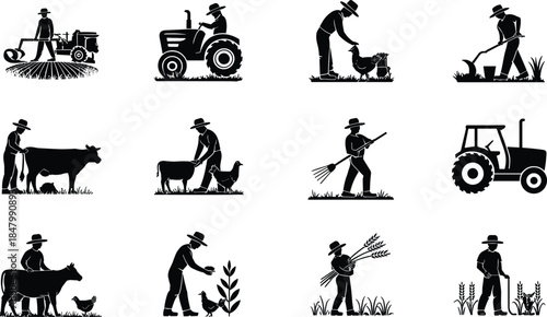 Black silhouette farming illustrations, agricultural work scenes with people, animals, and crops, vector art for rural life, farm, and harvest design projects