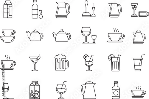 Drink And Juice linear icon set, linear icon collection, fruit drink line icon, Juice icon set in linear style, alcohol vector icon set, vector illustration