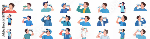 Diverse illustrations of young men and boys drinking water from reusable sports bottles, promoting hydration, health, fitness, and an active lifestyle.