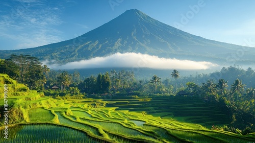Volcanic mountain over terraced rice paddies. Lush landscape