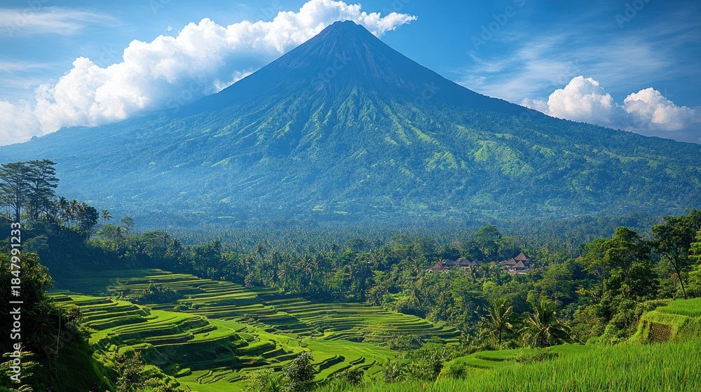 Fototapeta premium Volcanic peak over lush terraced rice paddies
