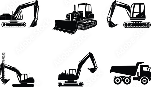 Black silhouette construction vehicles, excavators, bulldozer, dump truck, heavy machinery vector set for building, excavation, earthmoving, industrial equipment, and construction site design projects