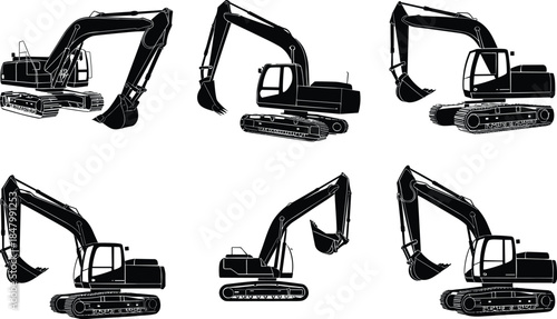 Black silhouette excavator illustrations, heavy construction machinery vector set, tracked diggers in multiple views for building, demolition, earthmoving, and industrial equipment design projects