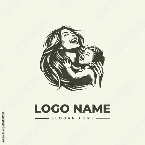 A heartwarming vector illustration of a mother and child laughing together, with a simple logo design and placeholder text on a clean background.